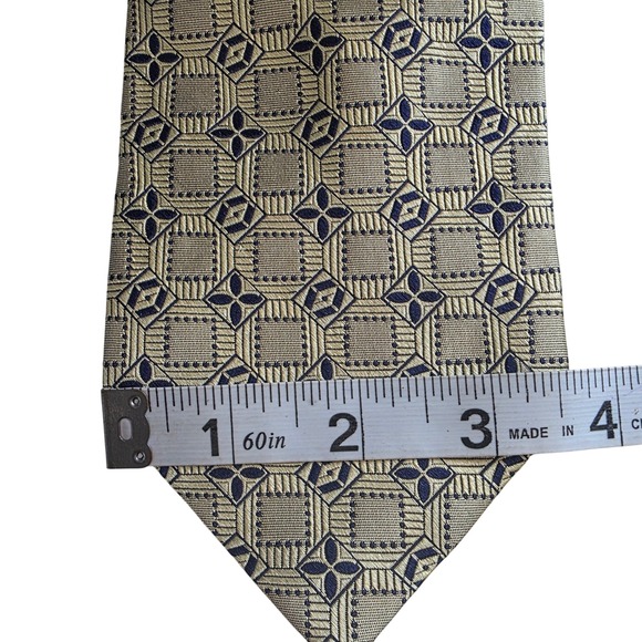 Rene Lezard Mens Silk Geometric Pattern Neck Tie Gold Navy - Picture 3 of 4